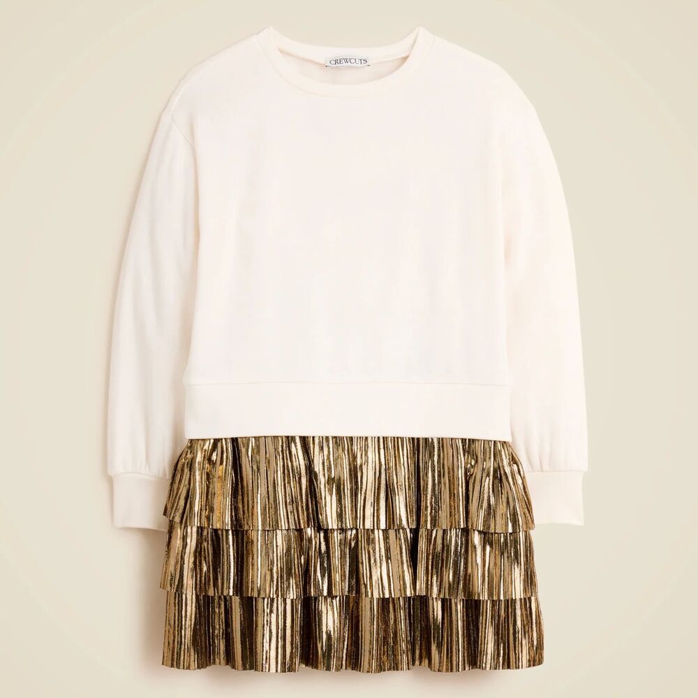 J.Crew Girls' Sweatshirt Tiered Mixy Dress SZ 10 Ivory Gold Cute Festive NWT Fun
